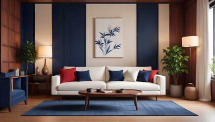Fototapeta premium Japandi style interior design of a modern living room with a white sofa and a wooden paneling wall