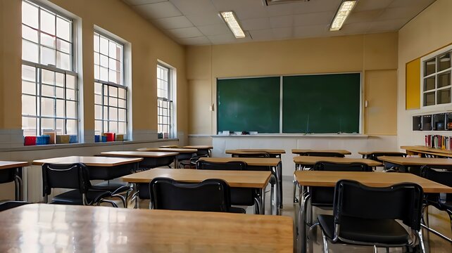 a empty student desk arrangement in a classroom with a blurry background