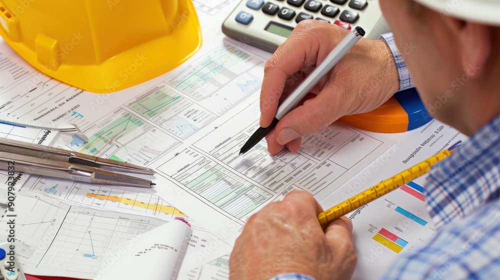 Wall mural generate a photo realistic image of a construction project team evaluating budgeting strategies, wit