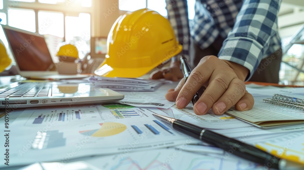 Wall mural generate a photo realistic image of a construction project team evaluating budgeting strategies, wit