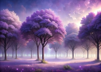 Majestic purple trees rise from iridescent mist, their violet canopies aglow, casting a hypnotic spell over the surreal, dreamlike forest landscape of shimmering silvery shadows.