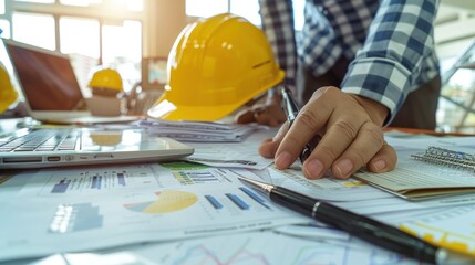 Generate a photo realistic image of a construction project team evaluating budgeting strategies, with detailed financial charts and evaluation tools