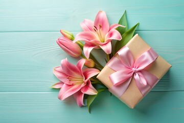 A delightful Mother s Day card showcasing lovely pink lily flowers presented in a gift box on a pastel table The top view perspective highlights the beautiful flowers and leaves ample room for text or