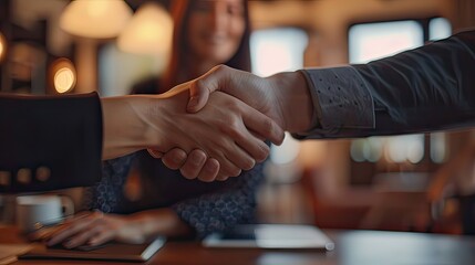 Businesswoman and businessman shaking hands across the table. 