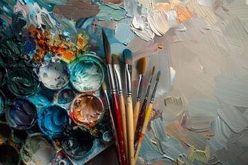 Fototapeta premium A photo of a colorful palette filled with various paint colors and brushes on an artist's desk during midday