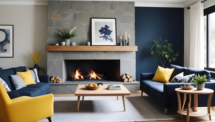 Interior design of a scandinavian living room with a fireplace and a gray sofa