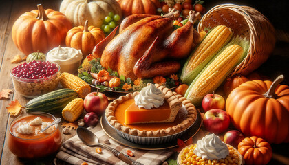 A close-up of a Thanksgiving dinner with turkey, pumpkin pie and a cornucopia | Happy Thanksgiving Day