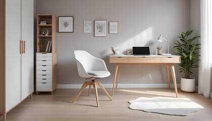 Interior design of modern scandinavian home office with a wooden drawer writing desk and a white chair against a grey wall