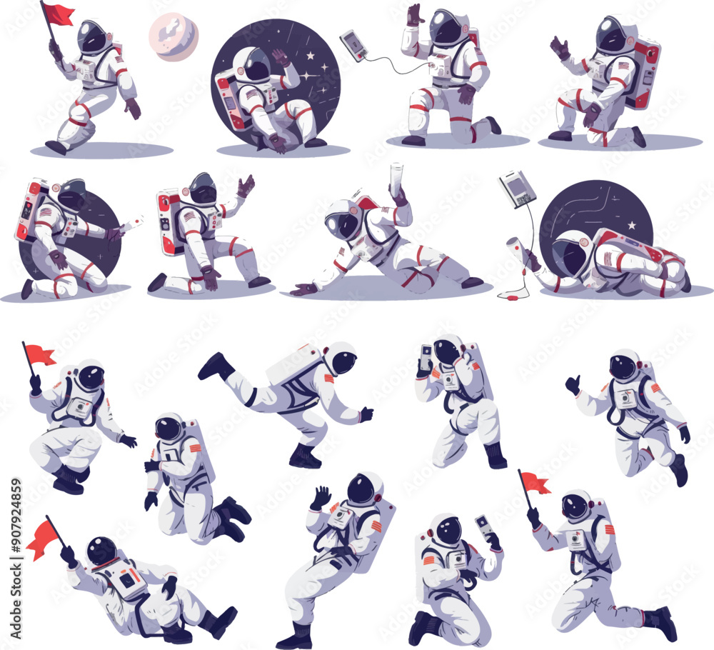 Poster Astronauts in cartoon suits wearing flags and working with robots. Funny spaceman characters wearing helmets, snugly modern set.