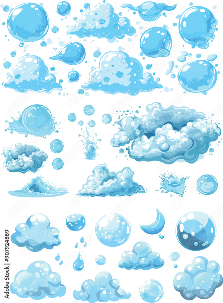 Poster isolated snugly modern clipart of soap foams or bubbles of shampoo. different shapes of foams or bub