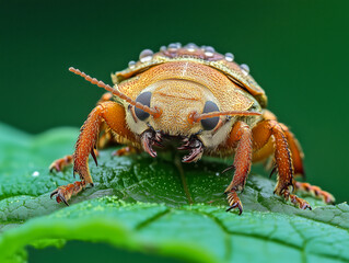 Fototapeta premium Cockchafer melolontha looks over a leaf