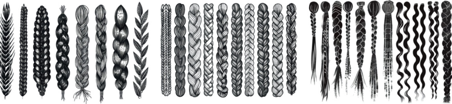 Brushes with braided lines. Knitted seamless pattern with braided frames. Design ideas using rope or plait elements. Nice modern graphic set with cord decoration borders.