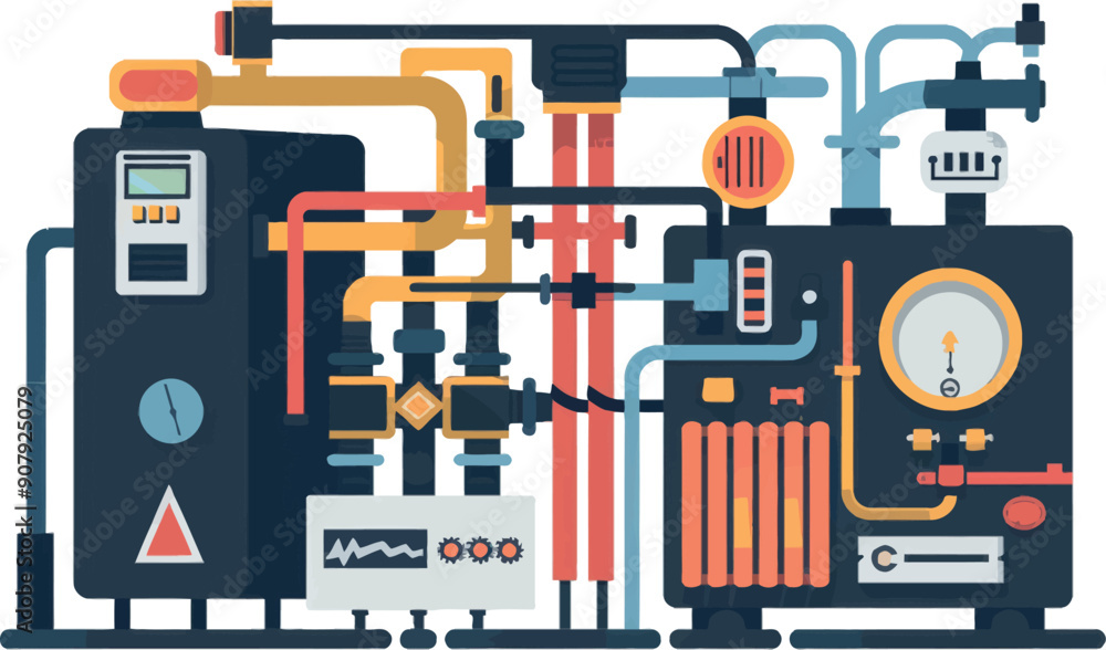 Poster home heating system with smart technologies that save energy. boilers and room batteries with thermo