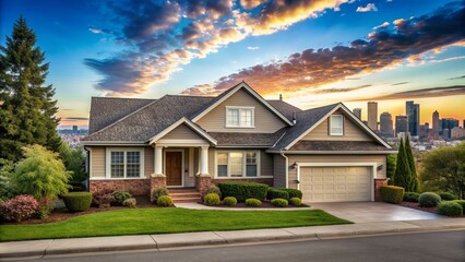 Picturesque Single Story Home in a Suburban Neighborhood with Skyline in the Background