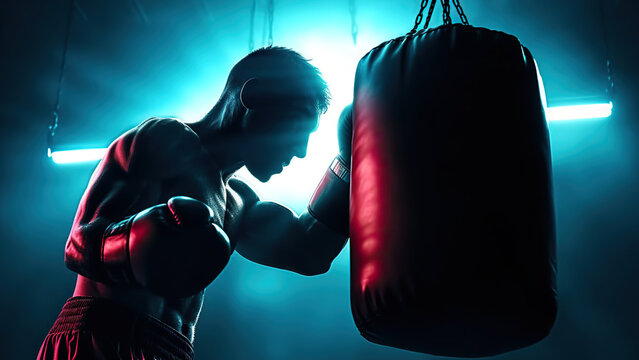 Boxer training with punching bag in low light