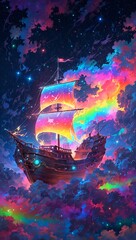 Fototapeta premium Pirate ship flying in the colorful night sky