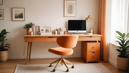 Interior design of a modern scandinavian home office with a cozy home workplace featuring a wooden drawer writing desk and fabric chair