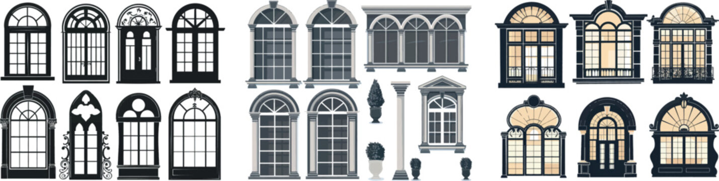 Decorative buildings clipart. Collection of black window frames. Architectural classic home designs.