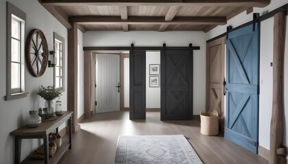 Obraz premium Interior design of a modern rustic entrance hall with a door in a cozy hallway with a beam ceiling and wooden wall decor in a farmhouse