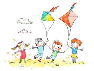 Fototapeta premium Hand drawn kids playing kites in the playground. Stick figure illustration on a white background. 