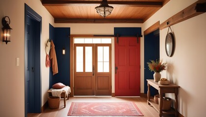 Interior design of a modern rustic entrance hall with a door in a cozy hallway with a beam ceiling and wooden wall decor in a farmhouse