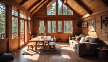 Interior design of a modern living room in a wooden house among the trees