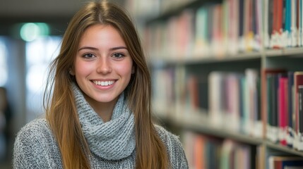 Portrait of happy female student in library looking at camera