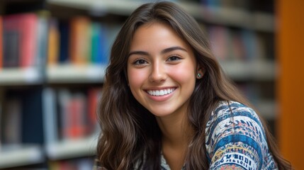 Portrait of happy female student in library looking at camera