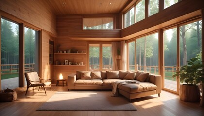 Naklejka premium Interior design of a modern living room in a wooden house among the trees