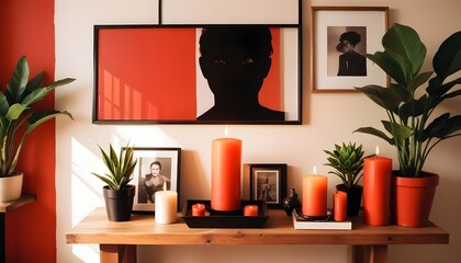 Interior design of a modern living room with a white wall and home decor pieces, featuring an empty mock-up black poster frame on a wooden shelf