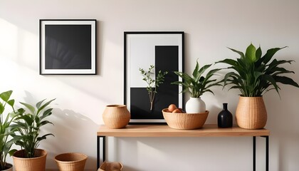 Interior design of a modern living room with a white wall and home decor pieces, featuring an empty mock-up black poster frame on a wooden shelf