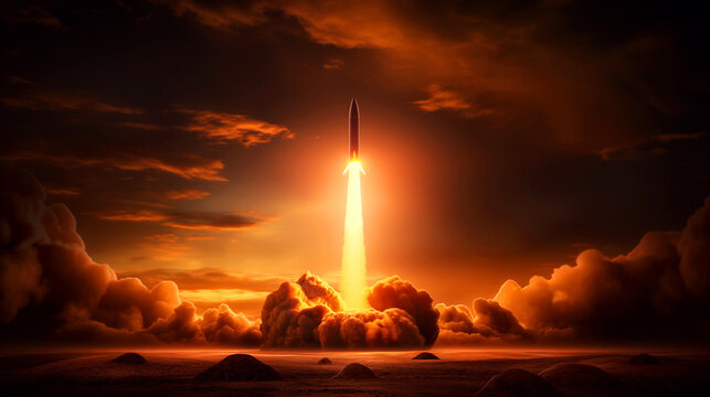 A rocket is launching into the sky, surrounded by clouds and a dark, orange sky