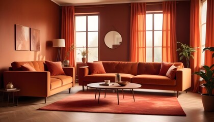 Fototapeta premium Interior design of a modern living room with a velvet terracotta sofa