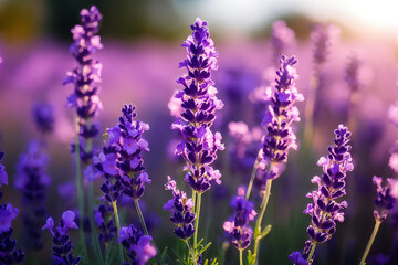 Naklejka premium The beauty of lavender flowers in a field, with a focus on the detailed purple blooms. The blurred background, ideal for botanical and floral designs