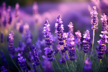 A close-up of vibrant purple lavender flowers in full bloom, set against a soft-focus background