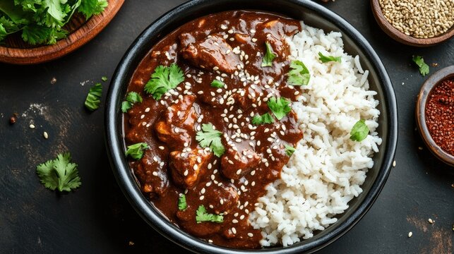 Top view of a traditional Mexican mole poblano with chicken, rice, and sesame seeds.
