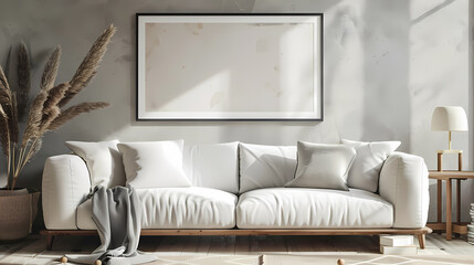 A white sofa with plush pillows and a throw blanket sits in a bright, minimalist living room with a large framed print above it. Sunlight streams in through a nearby window, illuminating the space.