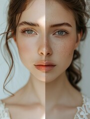 Split screen portrait of a young woman with different skin types and makeup