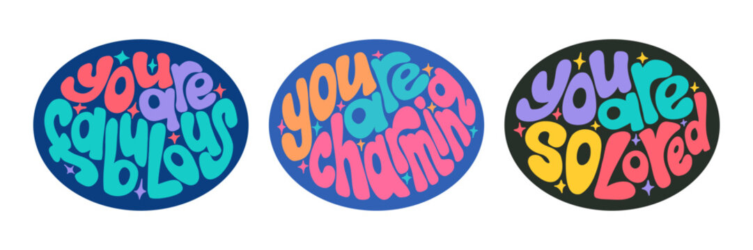 Bold contrast set of Self love hand drawn lettering in flat style with chunky characters in confident colors. Hand drawn slogans in ellipse shape on contrast background. Self care quote.