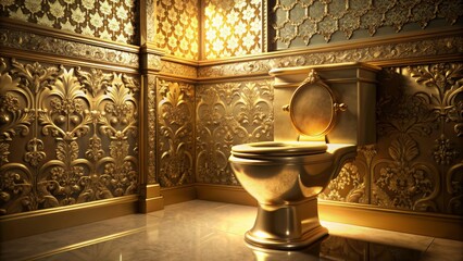 Elegant golden toilet shines in dimly lit atmosphere, showcasing ornate patterns, lavish design, and refined craftsmanship, evoking nostalgia for a bygone era of opulence.