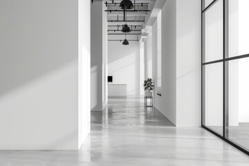 White open space office corridor with mock up wall, Generative AI