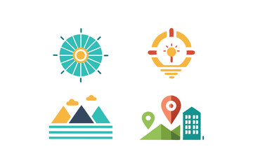 Obraz premium Four Abstract Icons Featuring Sun, Lightbulb, Mountains, and Location Pin