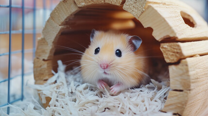 木製の隠れ家から覗くゴールデンハムスター