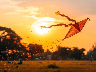 Medium shot of a colorful makarsankranti poster, themed background, bright tonality. 