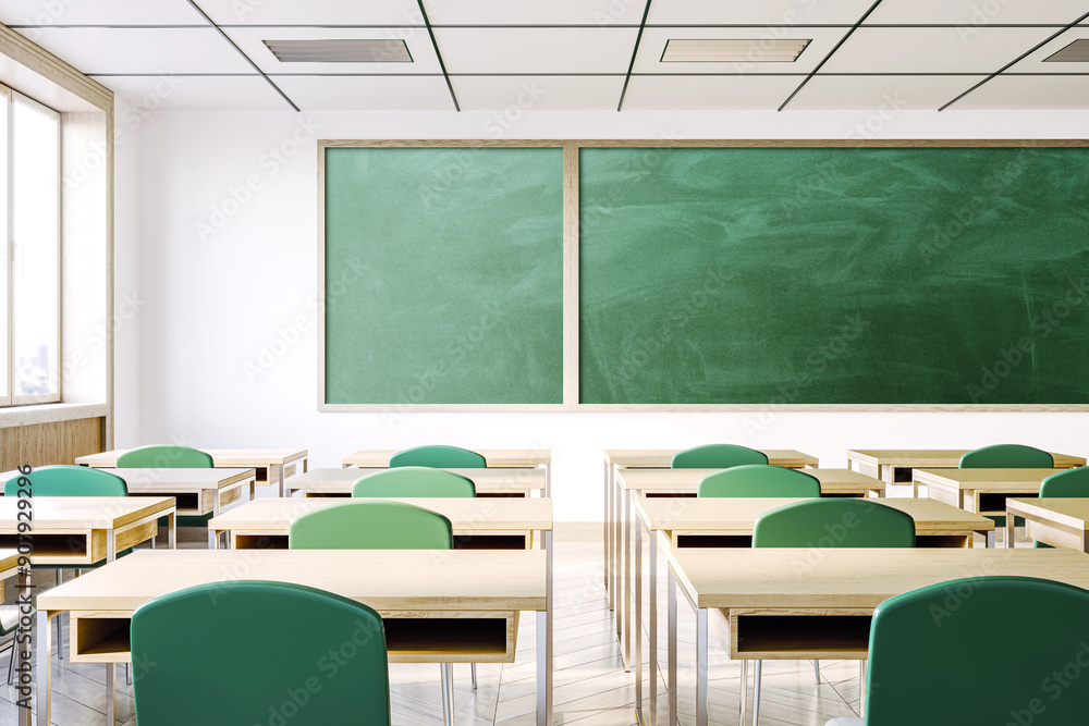 Poster Modern classroom interior with empty desks and green chalkboard. 3D Rendering