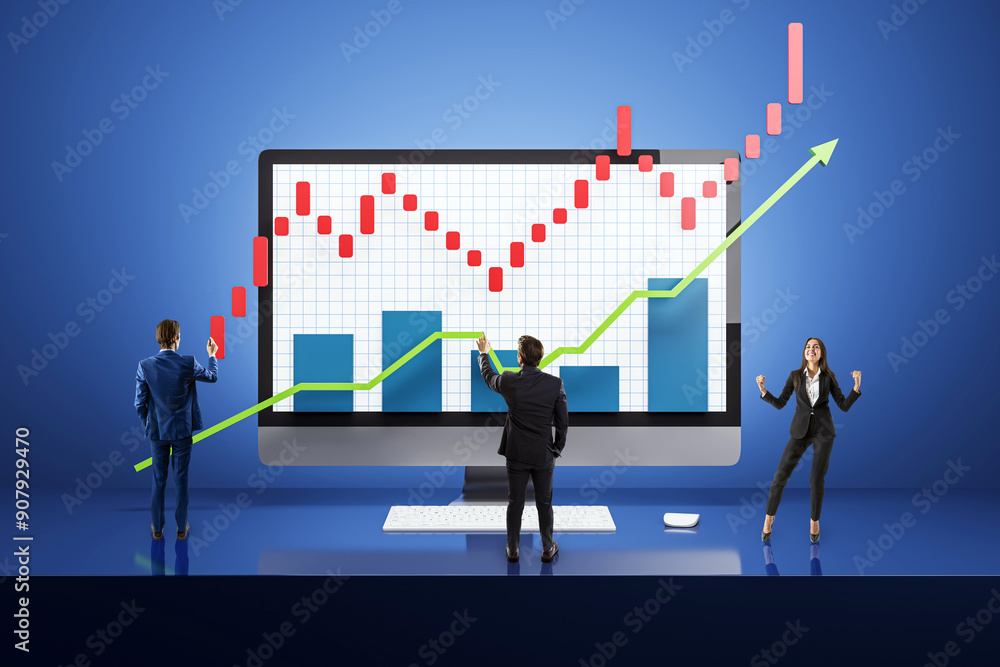 Poster businesspeople analyzing financial data on a giant computer screen in a modern setting.