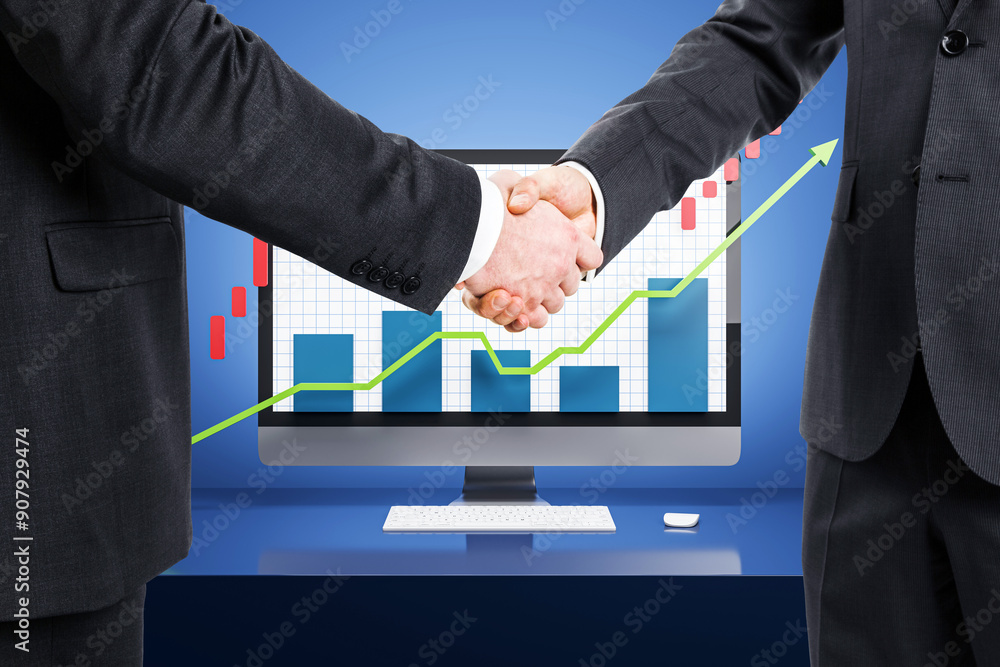 Poster businessmen shaking hands in front of a computer screen with upward growth charts.