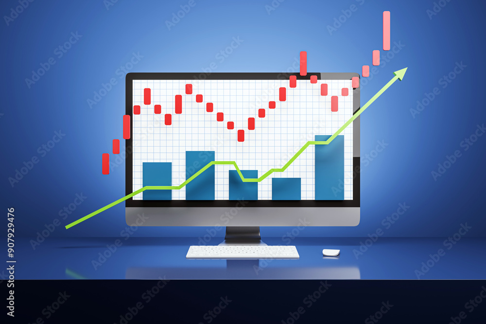 Poster Computer screen showing a stock market chart with upward trend on a blue background. 3D Rendering