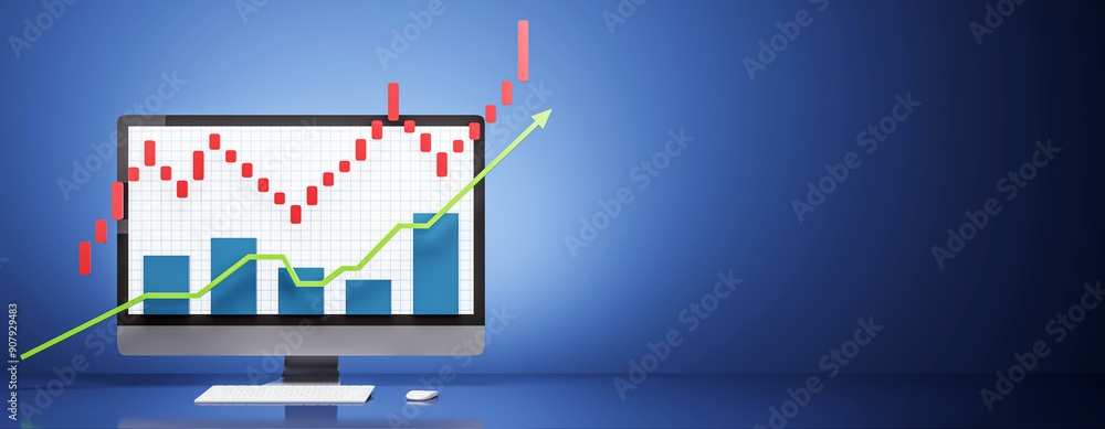 Poster Computer screen displaying stock market graph with upward trend on blue background. 3D Rendering