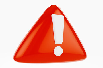 Close-up of red warning sign in triangular shape with white exclamation mark on white background. 3D rendering illustration